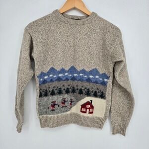 Vintage 80s Eddie Bauer Girls L Sweater Kids Tan Ice Skating Scene Wool Blend